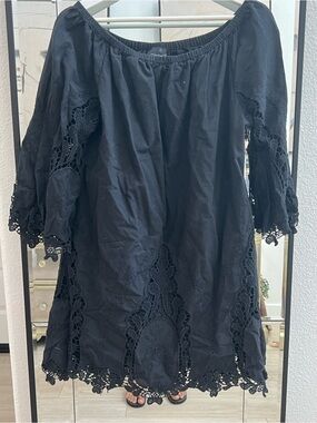 Black Off-Shoulder Crochet Trim Mini Dress